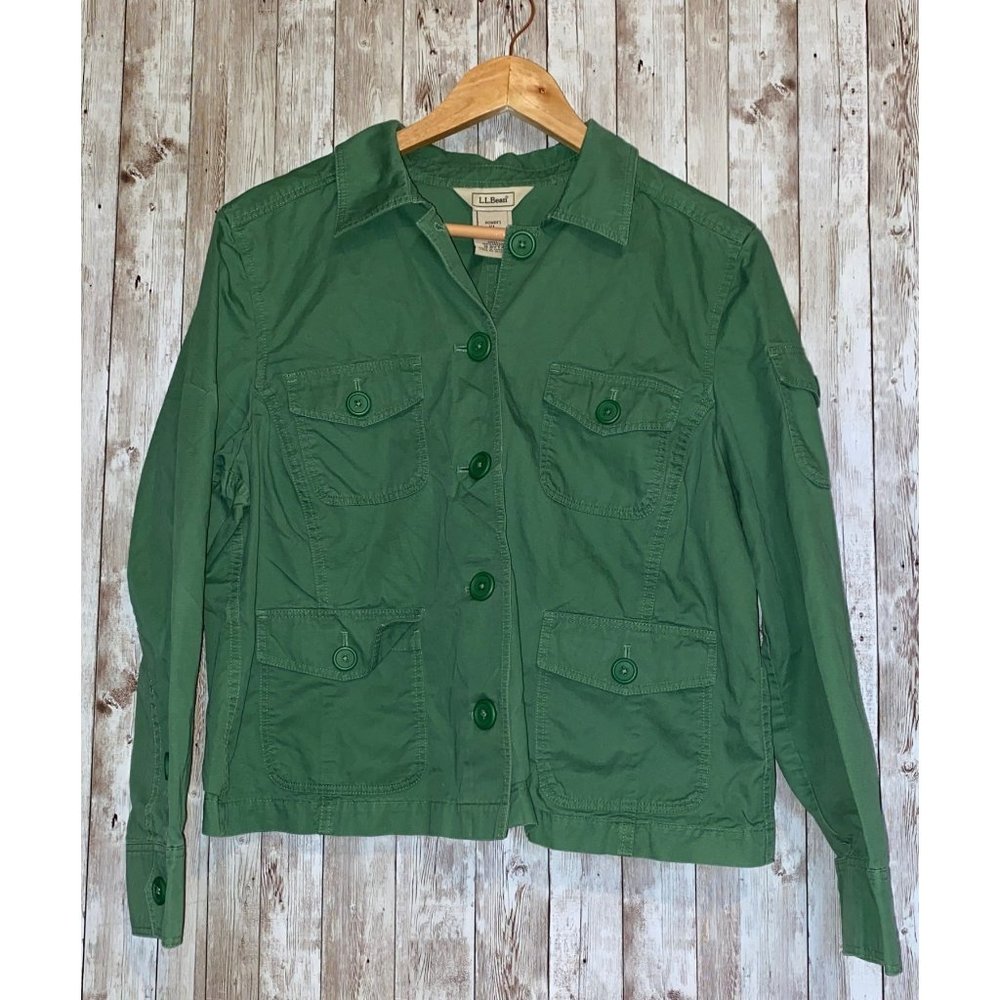 Women's Petite 100% Cotton L.L. Bean Green Button Up Jacket Coat Outdoor Size XL